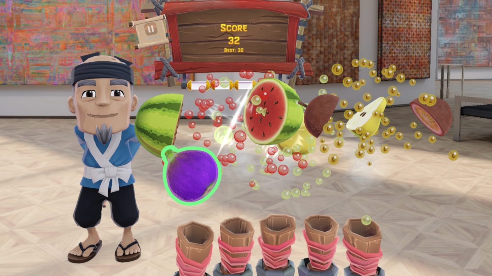 Sensei stands behind a series of fruit cannons in an open room in Super Fruit Ninja.
