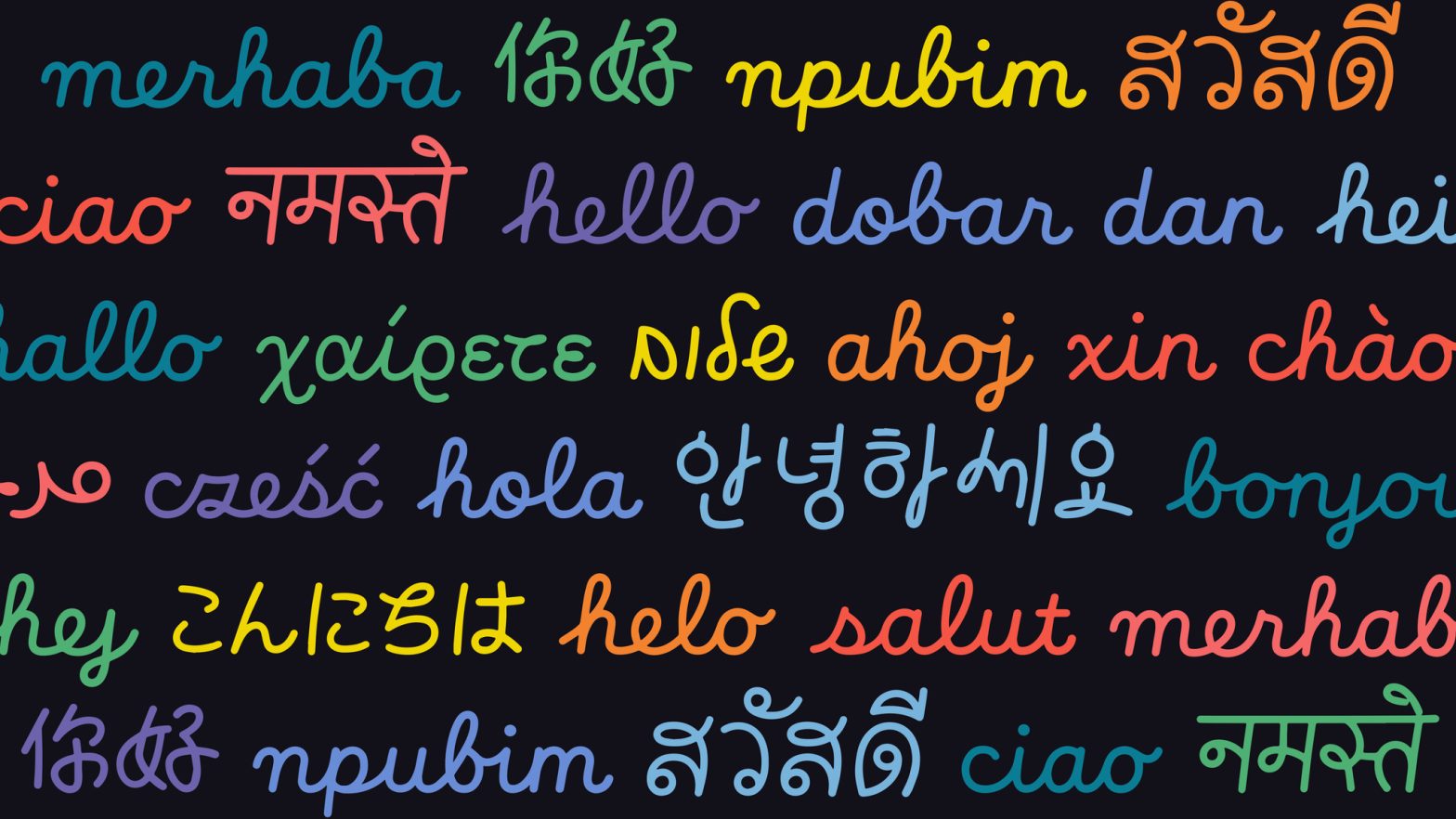 The word “hello” written in many different languages and colors.