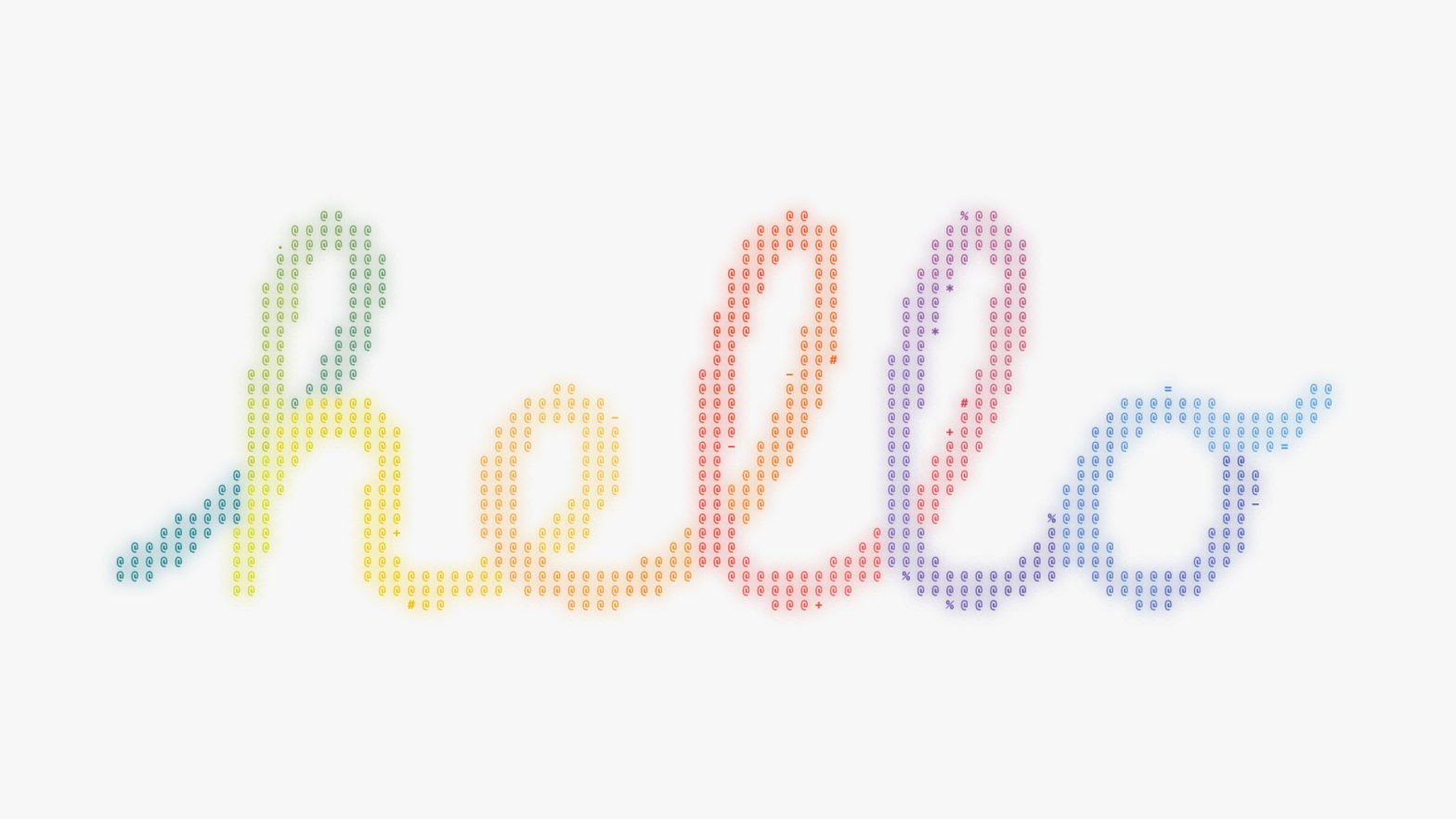 The word “Hello” in script in rainbow-color text and constructed out of small dots.
