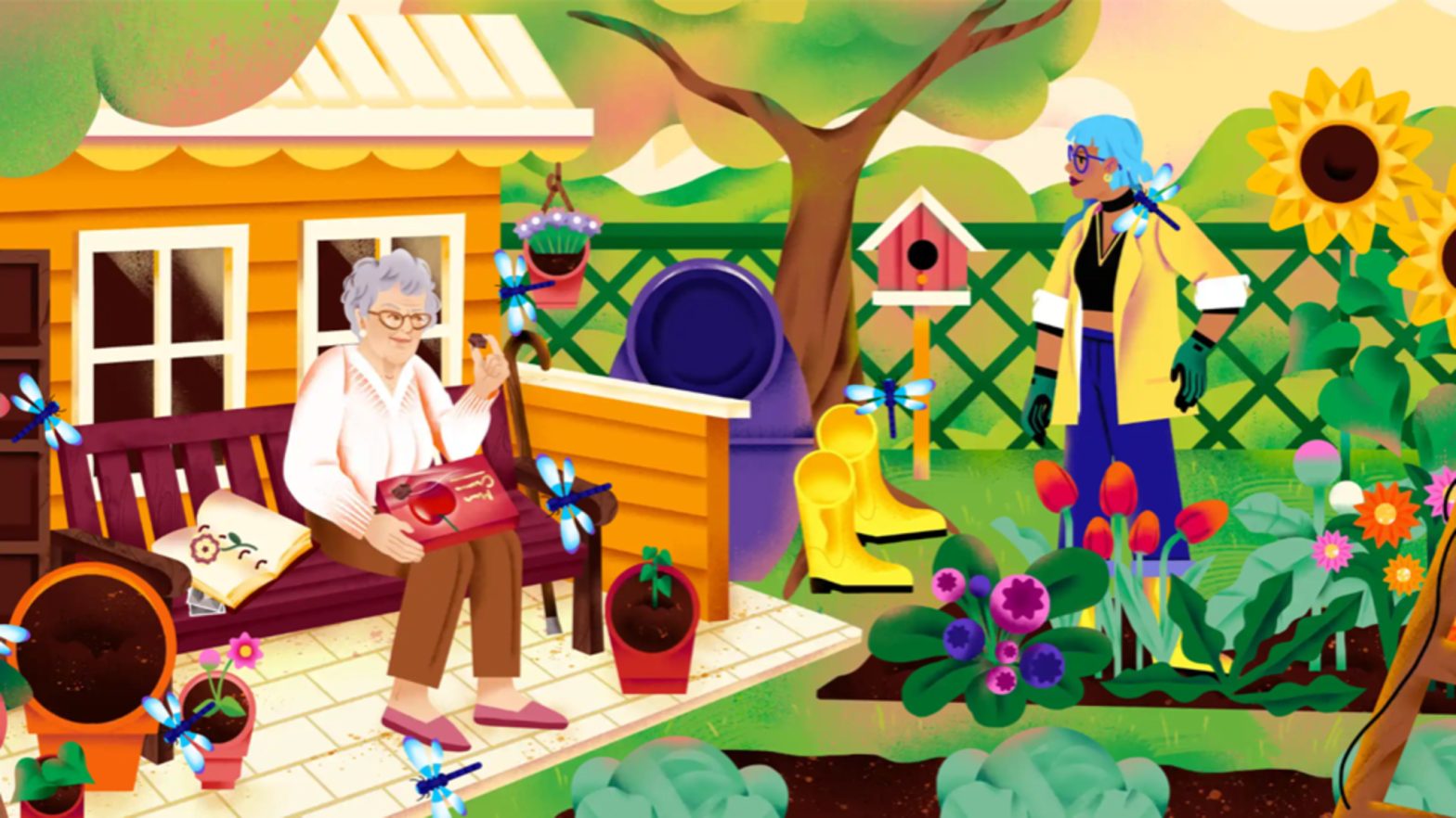 In Finding Hannah, the main character, a woman with blue hair, stands in a garden talking with her grandmother, who is sitting on a bench on a porch.